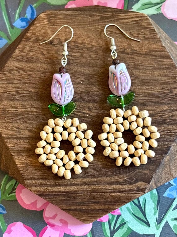 Tulip Grove Whispers Earrings – Czech Glass Tulips, Garnet Gemstones, Wooden Seed Bead Hoops, 316L Stainless Steel, Flower Garden Earrings