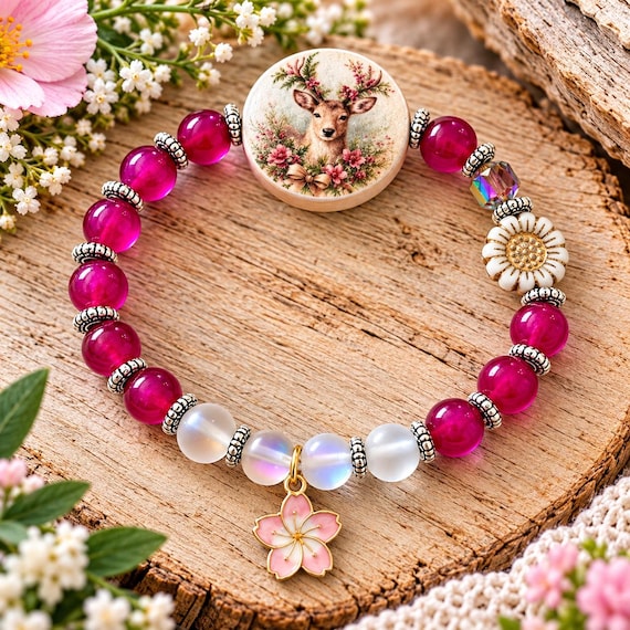 Enchanted Woodland Whiskers Deer Bracelet | Pink Agate & Mystic Aura Quartz | Woodland Jewelry | Floral Deer Gift | Gemstone Bracelet