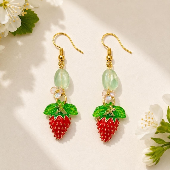 Fluorite Gemstone Strawberry Dangle Earrings • Whimsical Cottagecore Jewelry • Fairy Garden Earrings • Hypoallergenic Surgical Steel