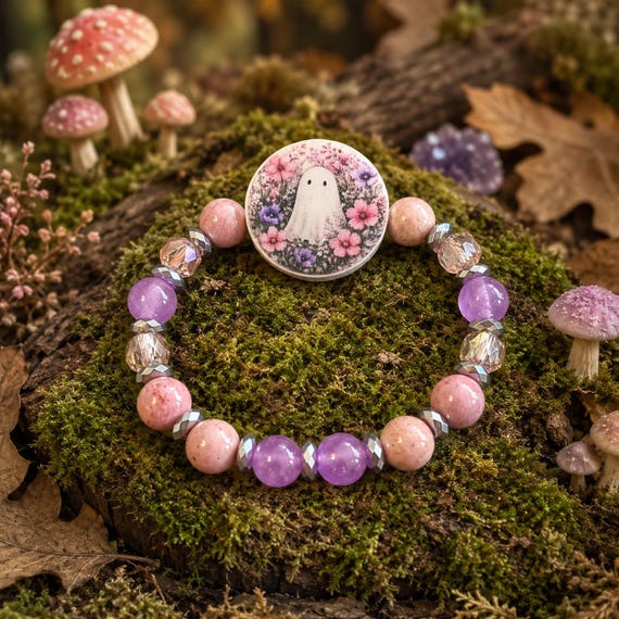 Boo’s Secret Garden Bracelet • Rhodochrosite, Jade & Silver Hematite Gemstone Bracelet, Floral Ghost Bracelet, Cottagecore Halloween Jewelry
