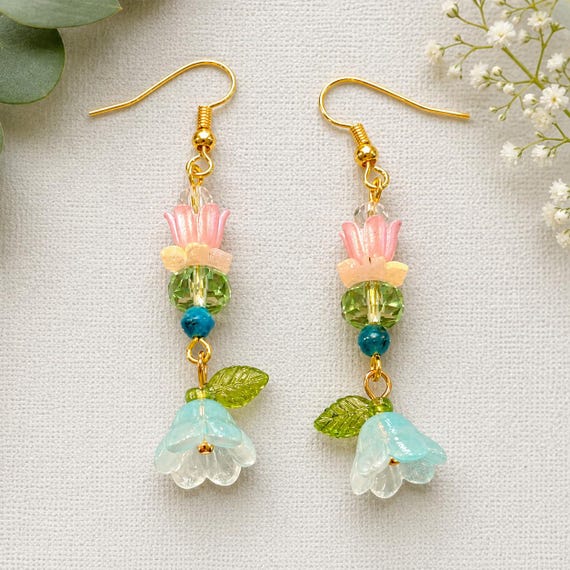Bluebell Blossom Earrings | Apatite Crystal Floral Cottagecore Jewelry | Gold Tone Surgical Steel