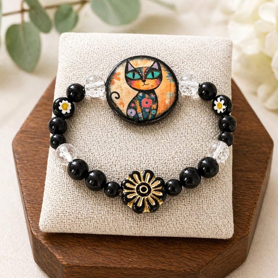 Artisan Cat Bracelet, Black Onyx, Black Tourmaline, Protection Gemstone Jewelry