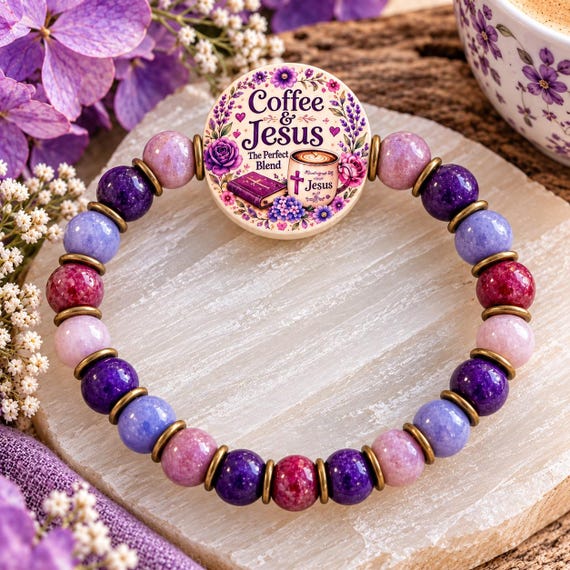 Blooming Coffee & Jesus Gemstone Bracelet, Lepidolite Purple Jade Bracelet, Christian Faith Jewelry, Artisan Wood Bead