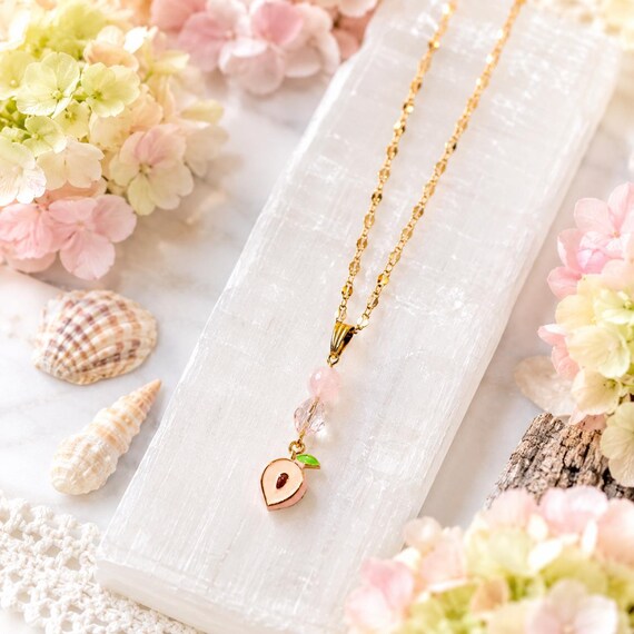 Peaches & Petals Enchantment Necklace | Pink Jade Crystal Necklace | Peach Charm Pendant | Gold Stainless Steel Necklace | Cottagecore