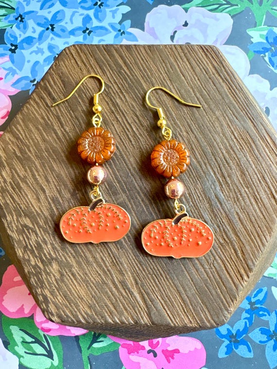 Pumpkin Patch Glow Earrings – Czech Glass Sunflowers, Rose Gold Hematite and Pumpkin Charms – Fall Artisan Earrings – Autumn Jewelry Gift