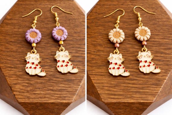 Cat Valentine Gemstone Earrings - Hematite Rose Pink Crystals, Floral Czech Glass, Gold Hypoallergenic Dangles