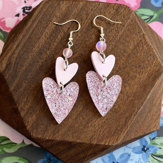 Pink Glitter Heart Earrings – Mystic Aura Quartz, Hypoallergenic Steel