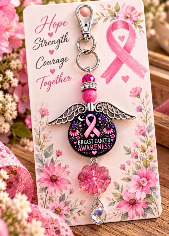 Breast Cancer Awareness Purse Charm, Pink Ribbon Keychain, Cherry Jade Gemstone, Angel Wings Bag Charm, Survivor Hope Gift