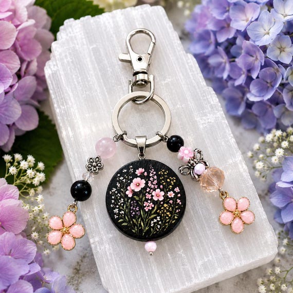 Wildflower Rising Purse Charm Keychain – Black Onyx & Pink Jade Charm, Floral Bag Accessory, Boho Keychain, Wildflower Gift for Her