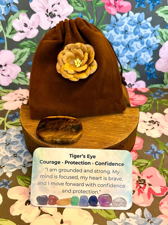 Tiger's Eye Palm Stone Set • Velvet Bag, Reiki-Infused Crystal