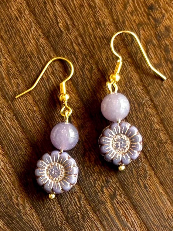 Gemstone Earrings - Lepidolite Crystal Healing, Purple Sunfower Dreams