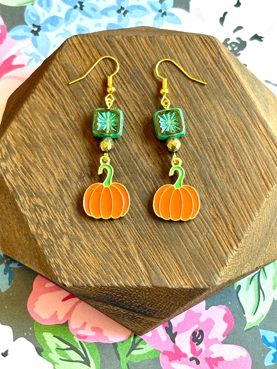Harvest Stardust Blooms – Pumpkin Fall Earrings with Teal Czech Glass & Gold Hematite – Hypoallergenic Gold Stainless Steel Hooks – Autumn