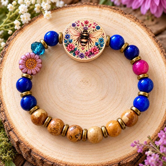 Honeybee’s Sapphire Garden Wishes Bracelet, Blue Jade Sugilite Gemstone Jewelry, Handmade Bee Bracelet, Cottagecore Floral Gift