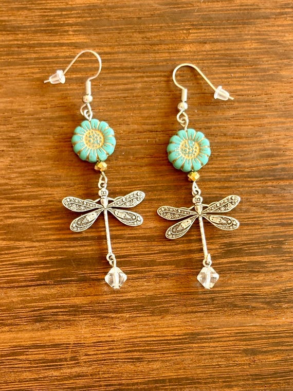 Gemstone Earrings - Clear Quartz / Hematite Crystal Healing, Whimsical Dragonfly Jewelry, Turquoise Blue