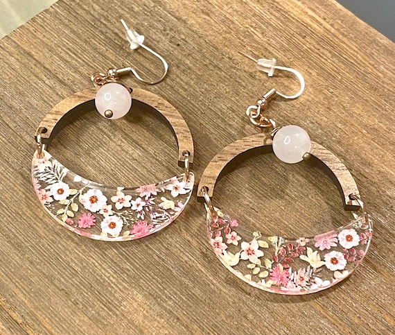 Gemstone Earrings - Rose Quartz Crystal Healing, Pink Floral Earrings