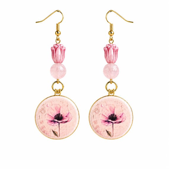 Whispering Wildflower Gemstone Earrings - Pink Jade & Czech Glass Tulip Earrings, Cottagecore Floral Earrings, Hypoallergenic