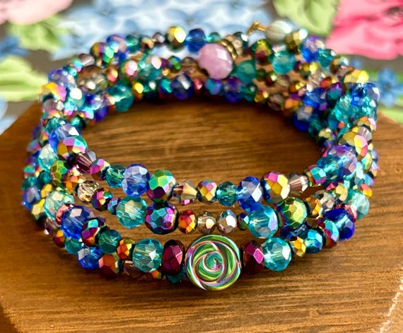 Rainbow Hematite Wrap Bracelet – Kunzite, Czech Glass, Love Charm
