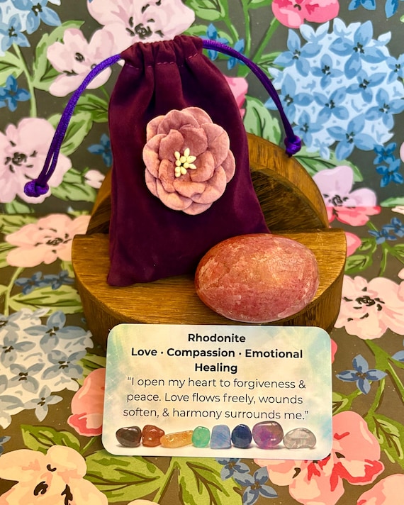 Rhodonite Stone & Velvet Bag • Emotional Healing, Reiki-Infused