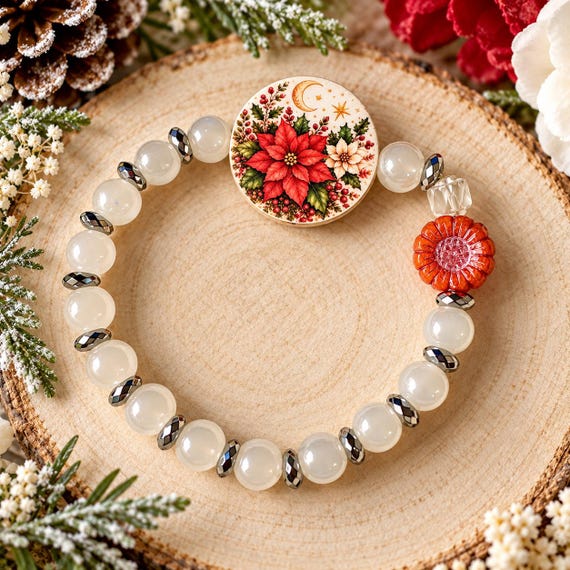 Poinsettia Christmas Bracelet, Silver Hematite Gemstone Bracelet, Artisan Wood Bead, Czech Glass Flower, Holiday Jewelry, Christmas Gift
