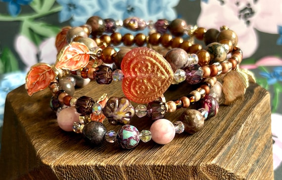 Autumn Gemstone Wrap Bracelet: Rhodonite, Jasper, Czech Glass Heart