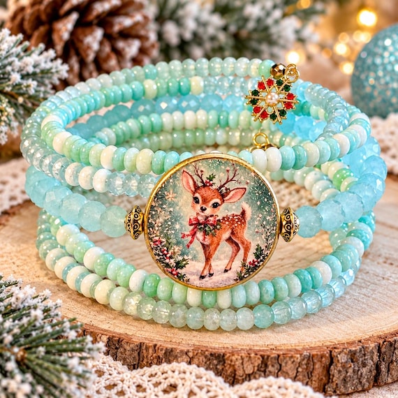 Golden Reindeer Christmas Wishes Coil Wrap Bracelet, Gold Hematite Gemstone Jewelry, Woodland Christmas Bracelet, Snowflake Charms