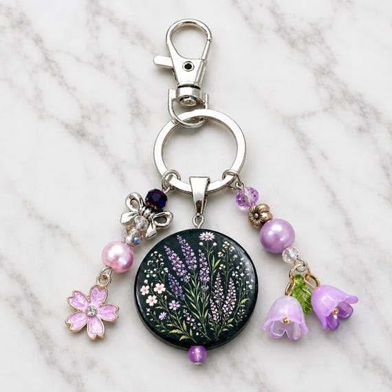 Wildflower Rising Enchanted Gemstone Purse Charm Keychain – Lepidolite Crystal Bag Charm – Floral Cottagecore Accessory – Reiki Infused Gift
