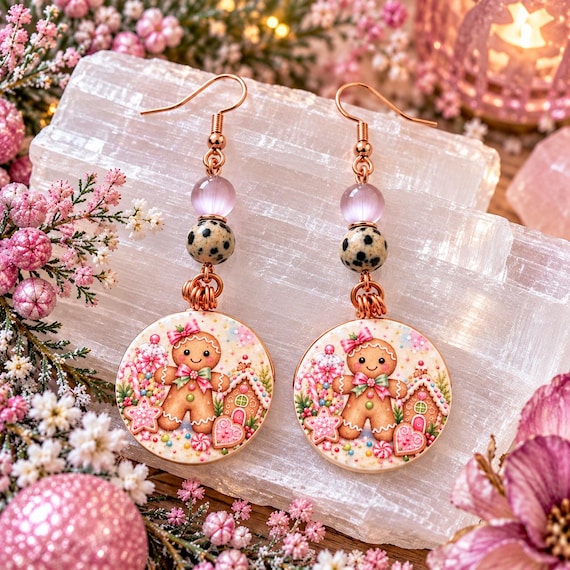 Pink Gingerbread Wishes Earrings | Dalmatian Jasper Cats Eye | Handmade Christmas Earrings | Rose Gold Holiday Jewelry