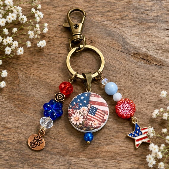 Liberty’s Light Purse Charm / Keychain | Angelite & Crystal Patriotic Bag Charm | 250th Fourth of July Celebration | USA Flag Keychain