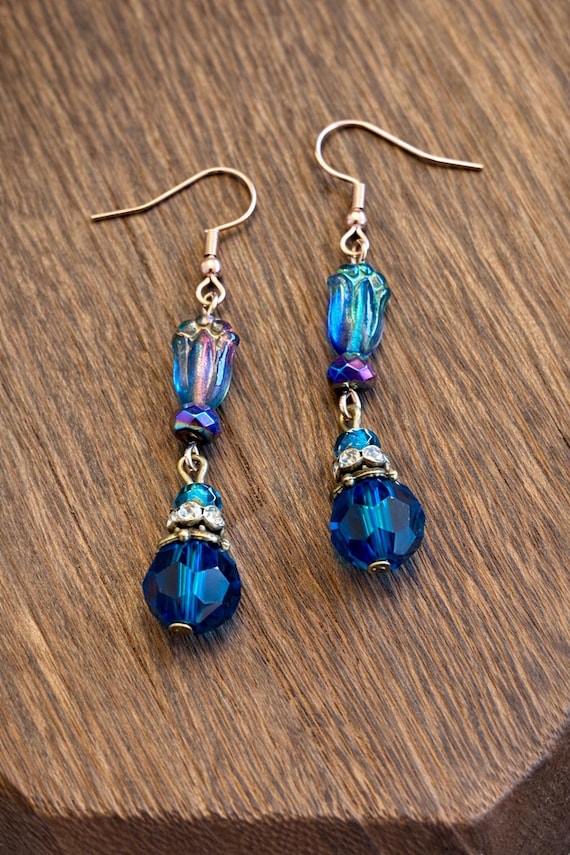 Oceanveil Radiance Earrings – Dark Ocean Blue Czech Glass, Rainbow Hematite, Rose Gold Hypoallergenic Hooks, 2.5”