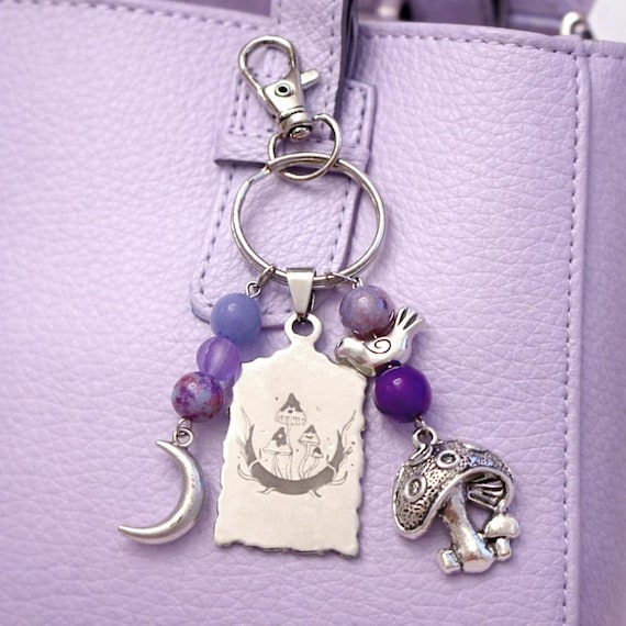 Moonlit Mushroom Grove Purse Keychain – Sugilite, Crazy Lace Agate, Mystic Quartz, Jasper, Crescent Moon Charm – Enchanted Crystal Bag Charm