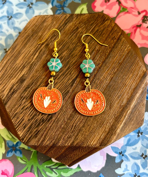 Czech Glass Flower & Pumpkin Earrings: Hematite, Gold Enamel, Autumn Jewelry