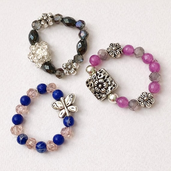 Midnight Garden Ring Trio – Lapis Lazuli, Jade, Hematite, Flower, Lotus, Butterfly Charms