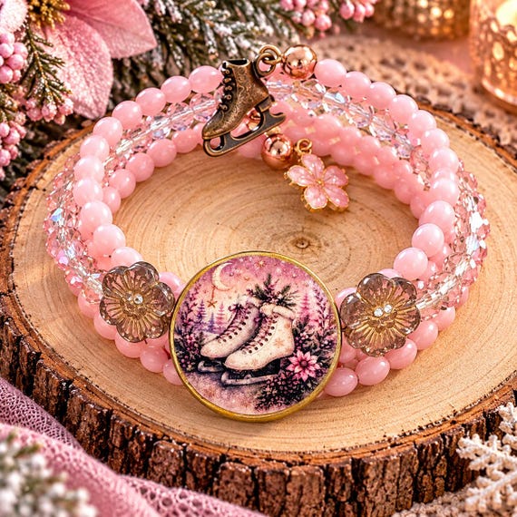 Blushing Winter Wishes Coil Wrap Bracelet | Pink Ice Skates Jewelry | Rose Gold Hematite | Whimsical Winter Floral Bracelet | Handmade Gift