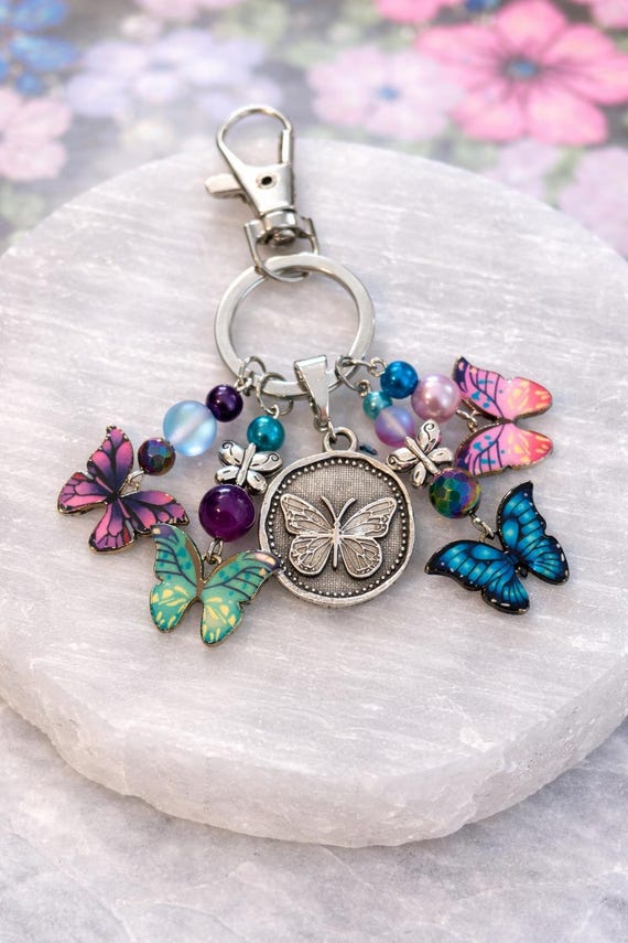 Enchanted Butterfly Bloom Purse Charm Keychain | Sugilite, Mystic Aura Quartz, Rainbow Hematite Bag Charm