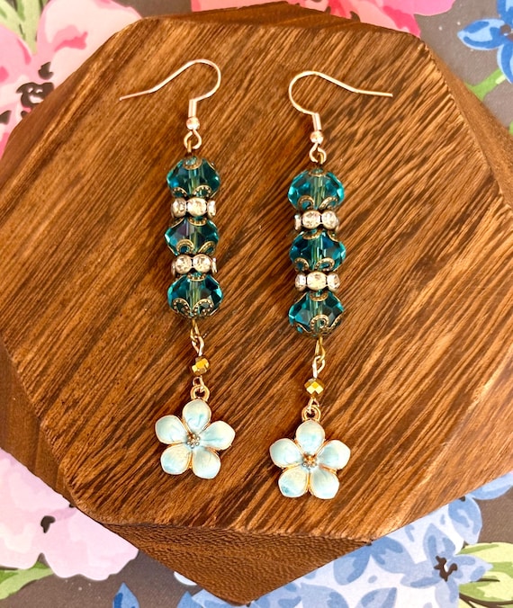 Crystal Cascade Earrings – Blue Beads, Enamel Flower Charms