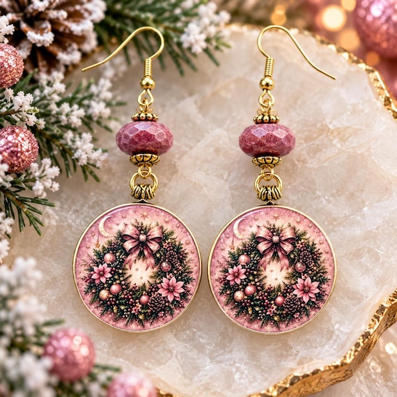 Blushing Christmas Wishes Earrings | Rhodonite Gemstone Christmas Jewelry | Pink Holiday Earrings | Handmade Festive Gift for Her
