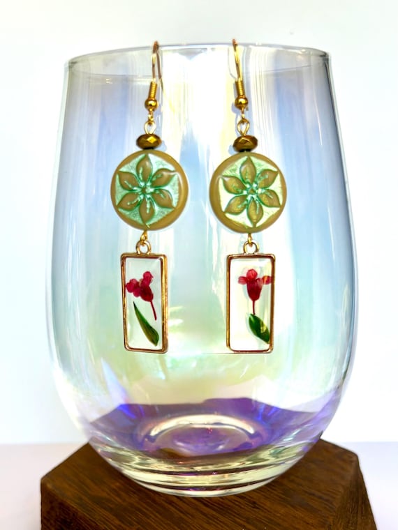Czech Glass Poinsettia Earrings: Gold Hematite, Resin Dried Flowers