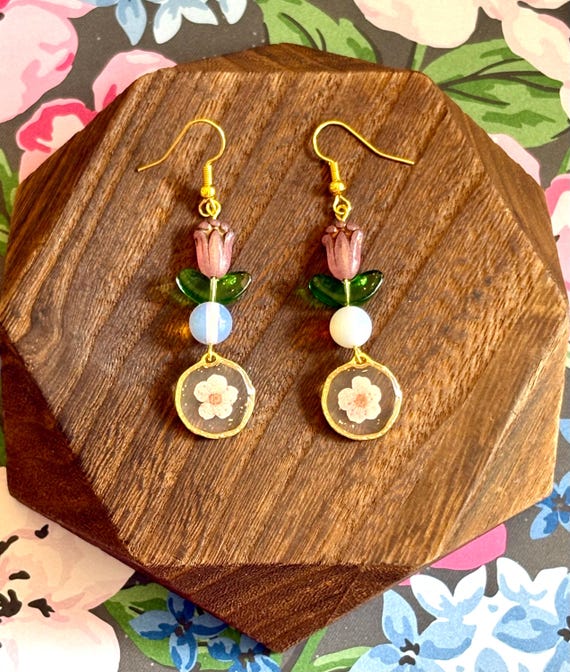 Daffodil Dreamlight Tulip Earrings – Opalite, Czech Glass Tulips, Green Glass Leaves & Dried Flower Pendant | Hypoallergenic Surgical Steel