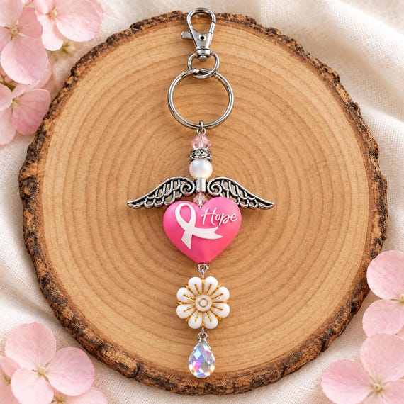 Breast Cancer Awareness Purse Charm, Wings of Hope Keychain, Mystic Aura Quartz, Pink Ribbon Survivor Gift, Angel Charm