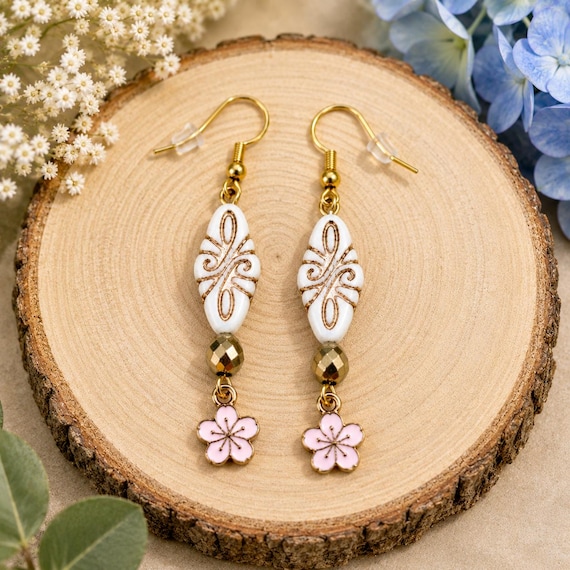 Sakura Secret Earrings | Gold Hematite Gemstone Earrings | Cherry Blossom Dangle Earrings | Czech Glass Floral Jewelry | Hypoallergenic