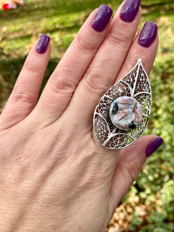 Gemstone Rings - Rhodonite Crystal Healing Adjustable Witchy Rings, Leaf Jewelry, Fairy Jewelry