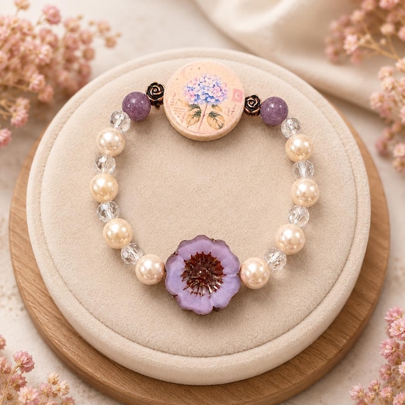 Hydrangea Whisper Enchantment Bracelet | Purple Chalcedony Gemstone Bracelet | Pearl Shell Beads | Czech Glass Flower | Summer Bloom Enchant