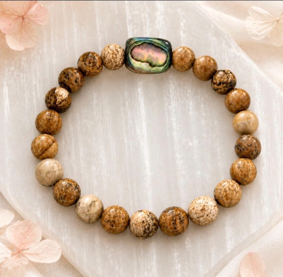 Ancient Tides Abalone Bracelet, Petrified Wood Gemstone Jewelry, Earthy Coastal Stretch Bracelet, Iridescent Shell Gift for Her