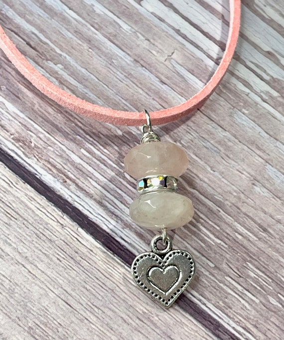 Gemstone Pendant Choker Necklace - Rose Quartz Crystal Healing Jewelry, Heart