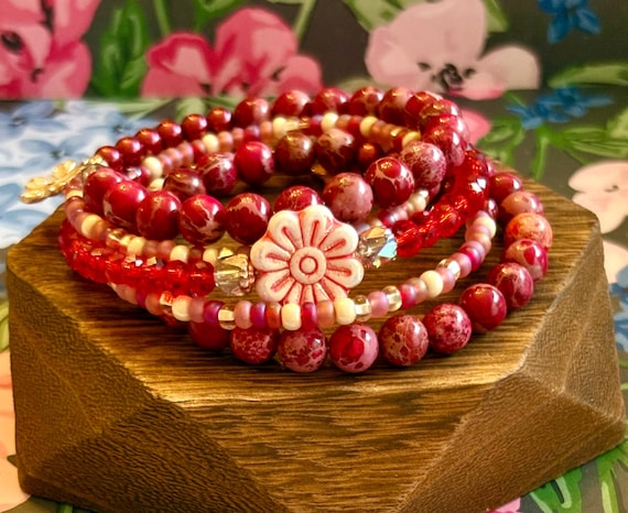 Raspberry Cheesecake Daisy Coil Wrap Bracelet – Sea Sediment Jasper, Czech Glass Flowers, Red Crystal Gemstone Bracelet