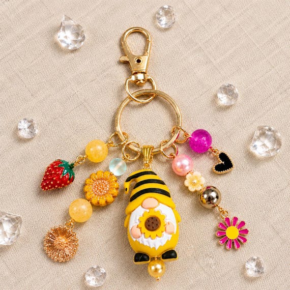 Sunflower Gnome Purse Charm Keychain • Strawberry Charm • Mystic Aura Quartz & Jade Gemstones • Whimsical Cottagecore Bag Charm Gift