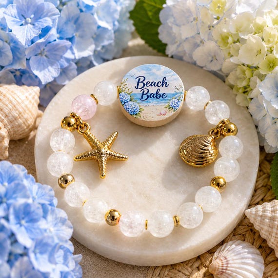 Beach Babe Gemstone Bracelet, Jersey Shore Collection, Mystic Rose Quartz & Moonstone Bracelet, Coastal Starfish Jewelry, Reiki Infused