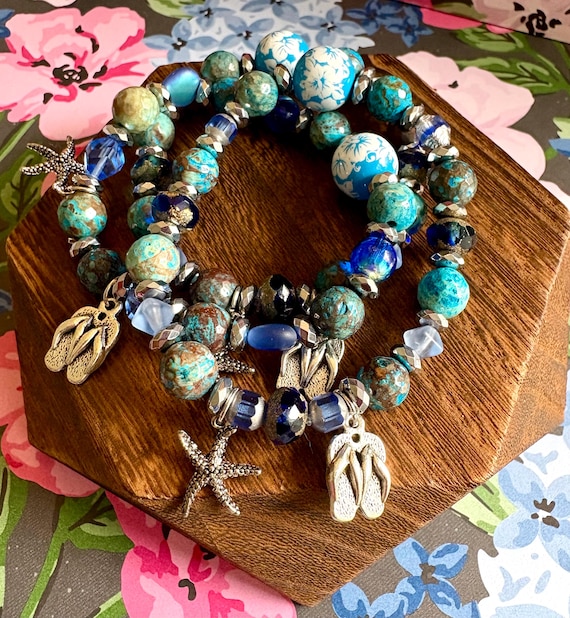 Seaside Serenity Bracelet – Jersey Shore Collection – Casilica Jasper, Japanese Tensha Bead, Hematite, Czech Glass, Starfish and Flip-Flops