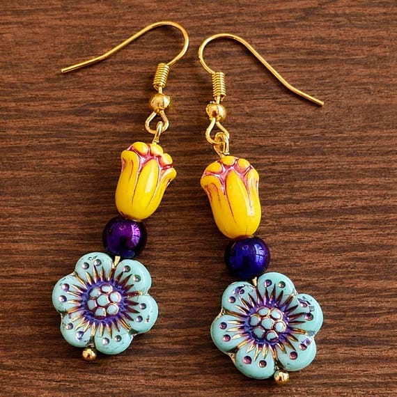 Mardi Gras Czech Glass Flower Earrings – Purple Hematite, Gold Tone