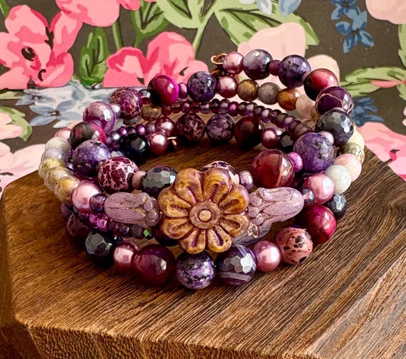 Gemstone Coil Bracelet: Amethyst, Jade, Tiger's Eye, and Czech Glass